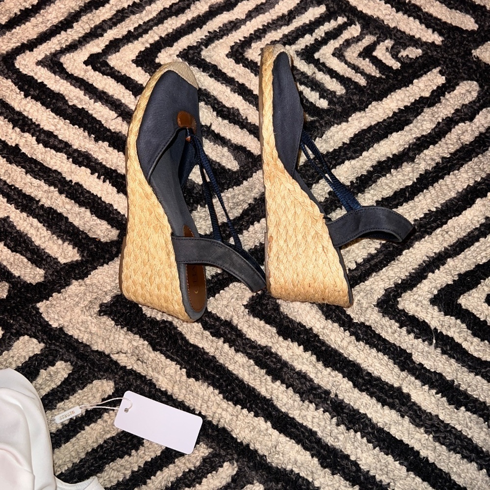 Chaps Clarissa Wedge Shoe Women's 8B Navy Blue Tan Denim Rope Platform Slingback - Picture 4 of 5